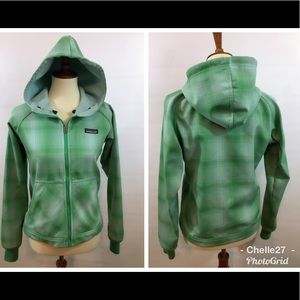 Patagonia hooded green plaid zip up jacket.